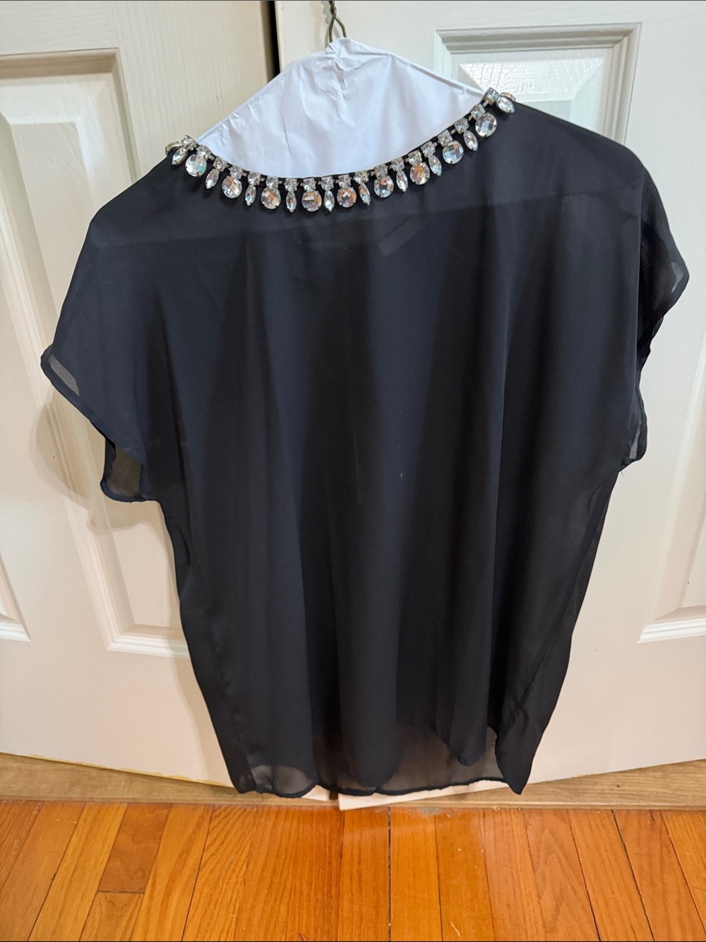 Ellison Black Sheer Blouse with Jeweled Neckline